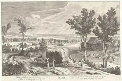 juli, med bønder i et landskab Julius (titel på objekt) De tolv måneder (serietitel) af Hendrick Hondius (I)