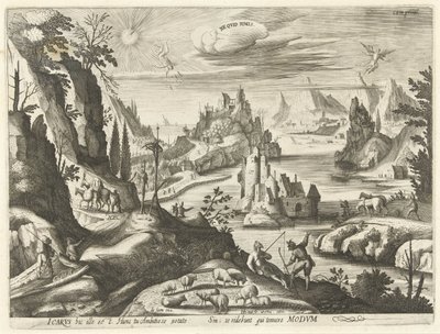 Landskab med Ikaros fald Ne quid nimis (titel på objekt) af Hendrick Hondius (I)
