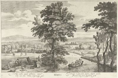 maj, med et selskab i et landskab Mayus (titel på objekt) De tolv måneder (serietitel) af Hendrick Hondius (I)