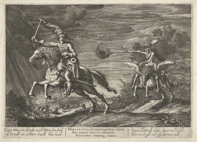 Rytter og Døden Ingen mand soo kloeck, ej heller dyr så hurtigt, dræber og finder dem godt (titel på objekt) af Hendrick Hondius (I)