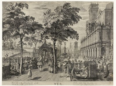 hoppe Spring, et selskab på et slot Ver (titel på objekt) De fire årstider (serietitel) af Hendrick Hondius (I)