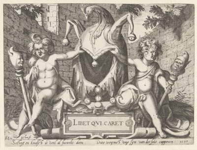 To putti med en dårehætte Libet qui caret (titel på objekt) af Hendrick Hondius (I)