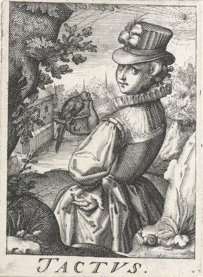 Feeling (Tactus), en kvinde med en fugl Tactus (titel på objekt) De fem sanser (serietitel) af Hendrick Hondius (rejected attribution)