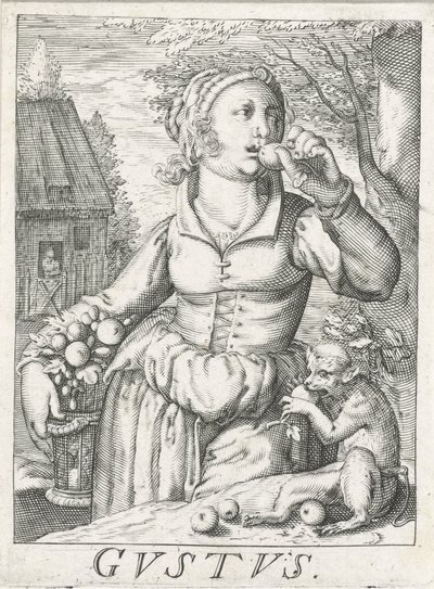 Smag (Gustus), en kvinde med frugter Gustus (titel på objekt) De fem sanser (serietitel) af Hendrick Hondius (rejected attribution)