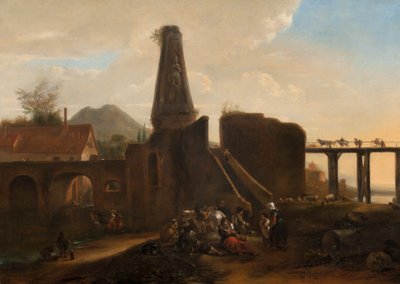 Rejsende i hvile ved siden af klassiske ruiner, 1663 olie på lærred af Hendrick Verschuring