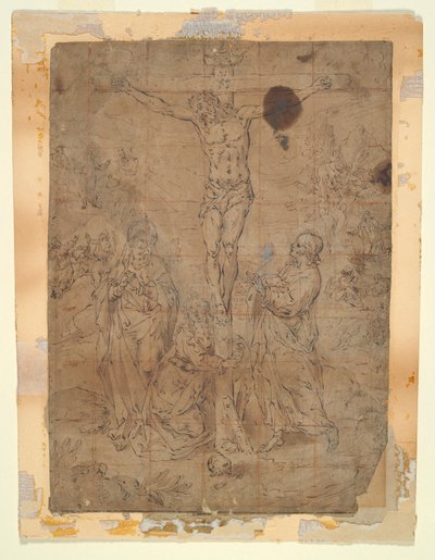 Kristus på korset mellem jomfruen og Johannes med passionsscener i baggrunden af Hendrick de Clerck