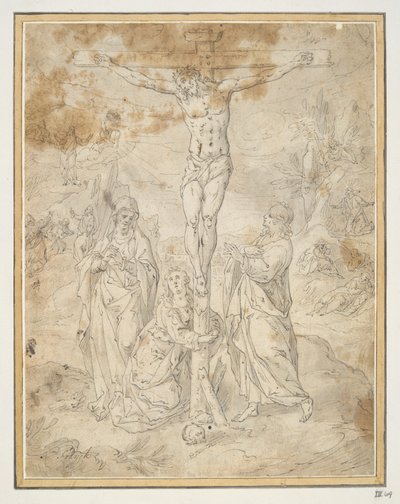 Kristus på korset mellem jomfruen og Johannes med passionsscener i baggrunden af Hendrick de Clerck