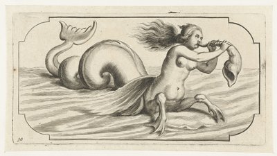 En kvindeskikkelse blæser på en skal Nouveau Livre des Dieux et Deeßes De la Marine Bouckje of Sea Gods and Goddesses (serietitel) af Hendrick de Keyser (I)