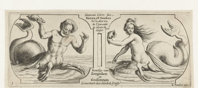 To rum, hver i en Triton Nouveau Livre des Dieux et Deeßes de la Marine Bouckje van Zeegehoden og gudinder (titel på objekt) Nouveau Livre des Dieux et Deeßes de la Marine Bouckje Van Zeegeoden og gudinder (serietitel) af Hendrick de Keyser (I)