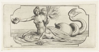 Kvindelig figur med trident fra Neptune Nouveau Livre des Dieux et Deeßes de la Marine Bouckje Van Zeegeoden og gudinder (serietitel) af Hendrick de Keyser (I)