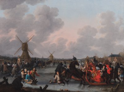 Et vinterlandskab med talrige hestetrukne slæder på isen af Hendrick de Meijer