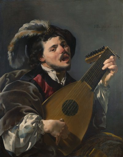 Hollandsk: Zingende lute spelen man En mand, der spiller på lut af Hendrick ter Brugghen