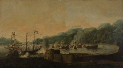 En hollandsk eskadron under kommando af Cornelis Simonsz van der Veer udfører et overraskende angreb på tre portugisiske galeoner i Goa Velha-bugten, 30. september 1639 af Hendrick van Anthonissen