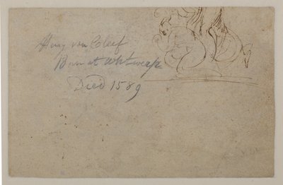 Anmærkning af en senere hånd. Skitse af en sammenkrøbet figur og en opvoksende hest, ?, 1500-tallet af Hendrick van Cleve