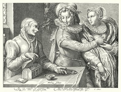 En ung mand, der vælger kærlighed til skønhed frem for rigdom (gravering) af Hendrik (after) Goltzius