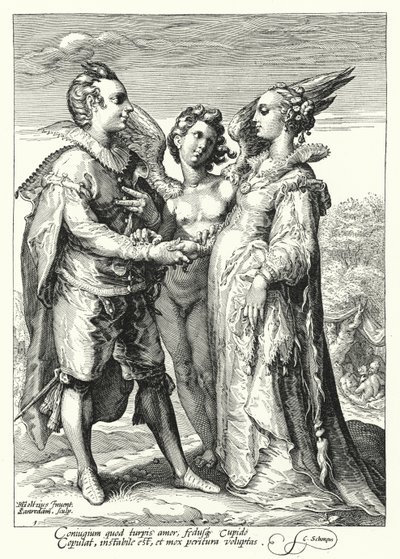 Ægteskab for kærlighed forestået af Amor (gravering) af Hendrik (after) Goltzius