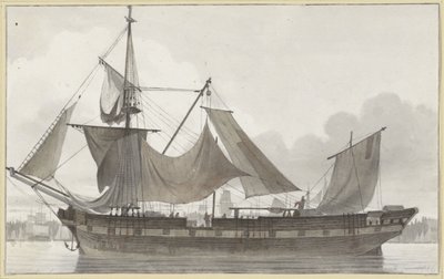 Tre-master under nødrig, ind i en havn med let vind Sejlskib set fra siden, i en havn af Hendrik Abraham Klinkhamer