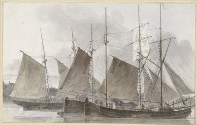 Sejlskibe lagde til foran en by af Hendrik Abraham Klinkhamer