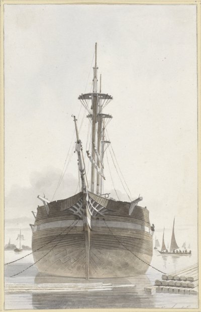 Sejlskib set forfra i en tømmerhavn af Hendrik Abraham Klinkhamer