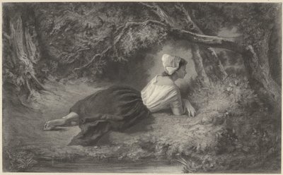Pige liggende under træer ved et vand af Hendrik Adriaan Christiaan Dekker