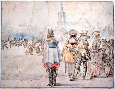 Kongen og Dronningen af Bøhmen på is (pen & blæk og akvarel på papir) af Hendrik Avercamp