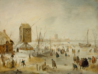 Vinterlandskab med skatere på en flod ved en vindmølle (olie på kobber) af Hendrik Avercamp