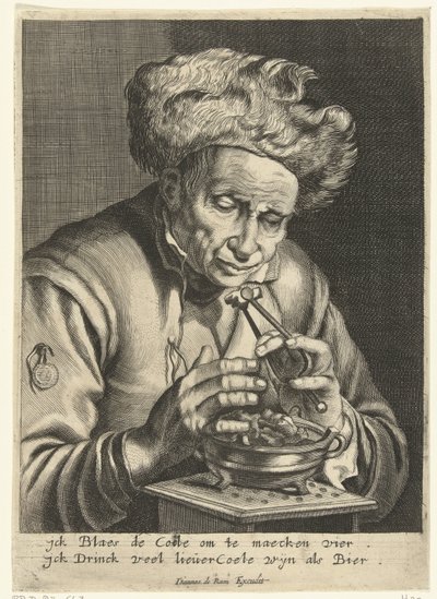 Gammel mand, der puster på et stykke kul af Hendrik Bary