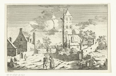 Landsbyudsigt med huse og tårn på en sandvej med figurer af Hendrik Berg