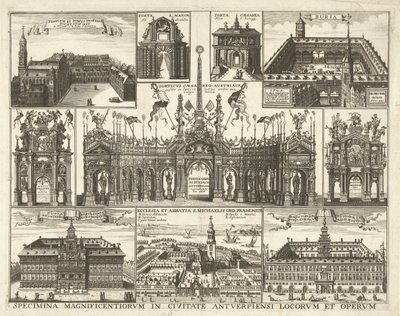 Blad met tien voorsetningen van de intocht van de Kardinaal Infant Ferdinand te Antwerpen, 1635 Eksemplarer af de mest storslåede steder og værker i byen Antwerpen (titel på objekt) af Hendrik Causé