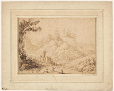 Bjerglandskab med figurer på en vej nær en kro af Hendrick Cornelisz. Vroom