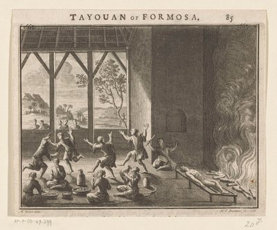 En del af begravelsesritualet for beboere i Formosa Tayouan af Formosa (titel på objekt) af Hendrik Frans Diamaer