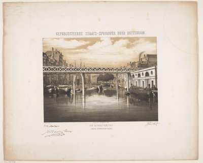 Udsigt over Korenbeurs i Rotterdam med fremtidsvision om en jernbane Korenbeurs (set fra den åbne rækkehave) (titel på objekt) Projekteret statsjernbane gennem Rotterdam (serietitel på objekt) af Hendrik Frederik Sartor