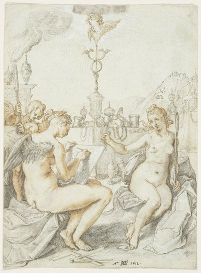 Allegori om kunsten at tegne med kunstnerens emblem, 1612 (blæk, kridt og gouache på papir) af Hendrik Goltzius