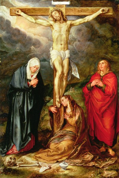 Kristus på korset, med Maria, Johannes og Magdalene, ca. 1600 (olie på kobber) af Hendrik Goltzius