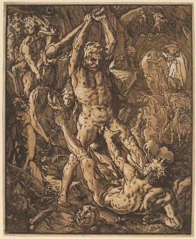 Hercules dræber Cacus af Hendrik Goltzius