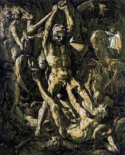 Hercules dræber Cacus af Hendrik Goltzius