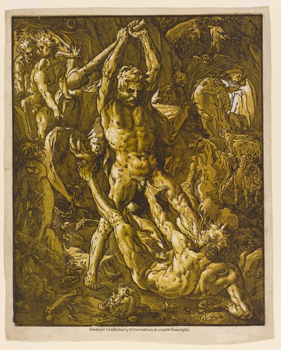 Hercules og Cacus, 1588 (chiaroscuro træsnit på lagt papir) af Hendrik Goltzius