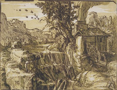 Landskab med vandfald af Hendrik Goltzius