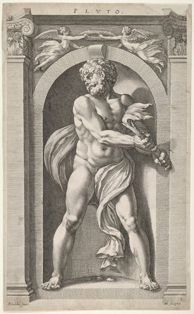 Pluto, på verso skitser af en figur, fire hoveder og en søjle, 1592. af Hendrik Goltzius
