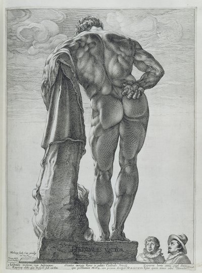 Set bagfra af Farnese Hercules (kobberstik) af Hendrik Goltzius