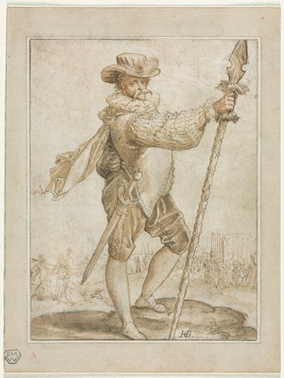 Stående officer holder et ornespyd, 1586. af Hendrik Goltzius