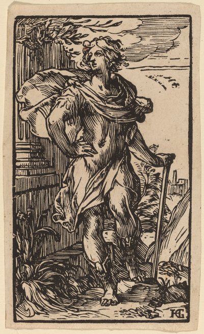 Stående ung mand med en stok af Hendrik Goltzius