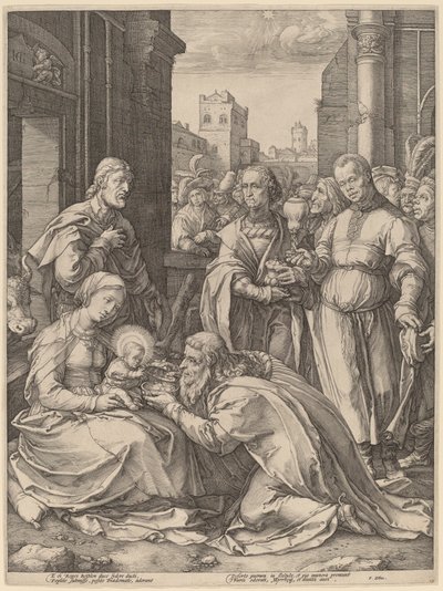 Magiernes tilbedelse af Hendrik Goltzius in the style of Lucas van Leyden