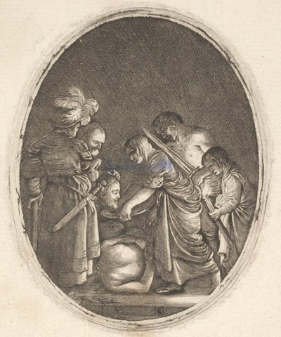 Salome modtager Johannes Døberens hoved, omgivet af tre mænd og et barn ..., ca. 1610. af Hendrik Goudt