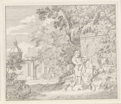 Par ved et klassisk monument og en byport Anette og Lubin (titel på objekt) af Hendrik Hoogers