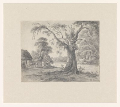 Landskab med træ og hytte med hest og vogn og to figurer af Hendrik Huygens (signed by artist)