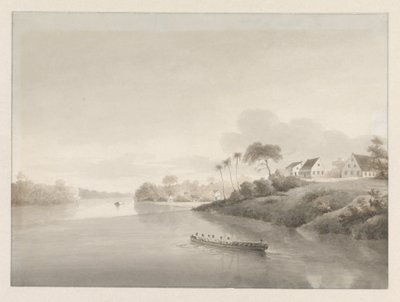 Udsigt over nogle huse ved en flod, muligvis Jodensavanne af Hendrik Huygens