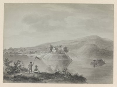 Udsigt til en å med nogle huse, muligvis Berg en Dal af Hendrik Huygens