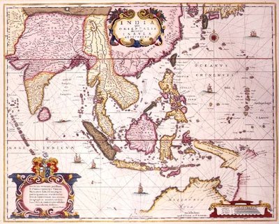 Generelt kort, der strækker sig fra Indien til det sydlige Japan og det nordlige Australien gennem den indonesiske øgruppe og Filippinerne, ca. 1700 (farvet indgravering) af Hendrik I Hondius