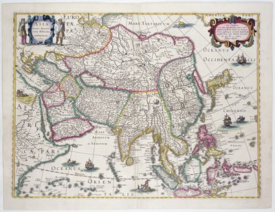 Generelt kort inklusive Arabien, Japan, den koreanske halvø og den største del af den indonesiske øgruppe, 1631 (farvegravering) af Hendrik I Hondius